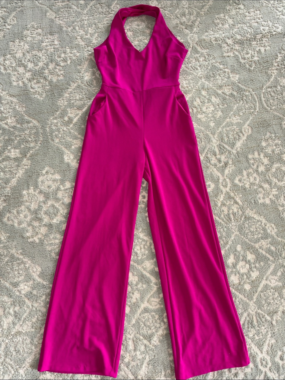 V-Neck Halter Wide-Leg Jumpsuit in Fuchsia